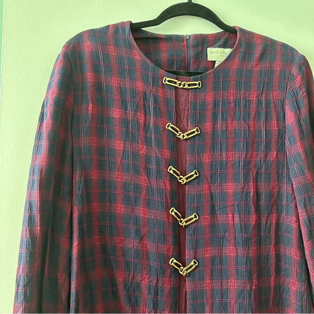 Vintage Sophisticate Plaid Blazer Layered Dress with gold chain accents